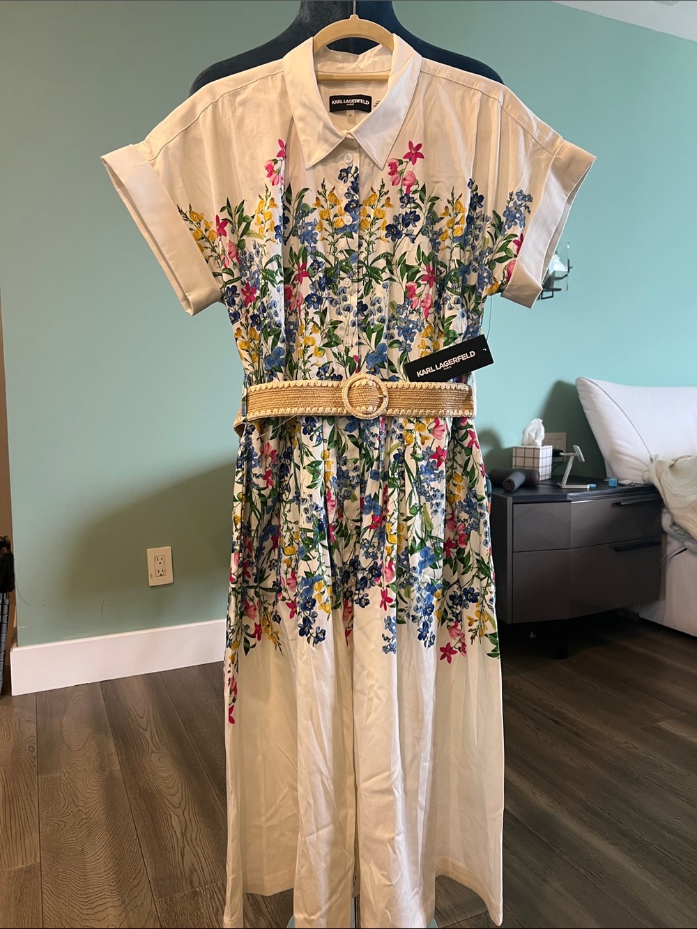 Karl Lagerfeld Cream Floral Shirt Dress with Multicolor Blooms